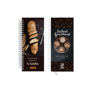 AGENDA DE CAISSE 2026 - 137X335MM - COUVERTURE CONTRECOLLEE QUADRI RECTO AVEC PELLICULAGE BRILLANT - DOS CARRE COUSU COLLE EMBOITE - 4 PAGES PERSONNALISEES EN DEBUT D'AGENDA