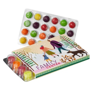 Etui promotionnel pour blister avec pastilles Pulmoll ou avec SKITTLES®