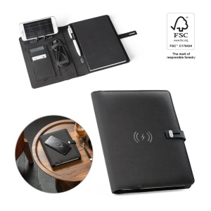 EMERGE A5 FOLDER. Porte documents A5 en 300D 100% rPET avec chargeur sans fil