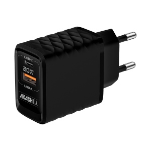 KAKUSHIN - PRISE SECTEUR GAN 20W USB TYPE-C PD + USB-A QC3.0 - NOIR