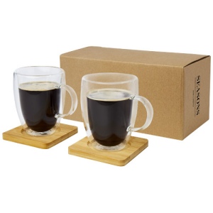 Tasse 2 pièces Manti de 350 ml à double paroi en verre avec sous-verre en bambou