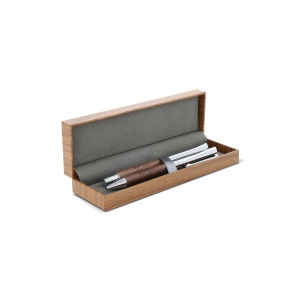 Ensemble stylo à bille et roller en métal bois de noyer dans une boîte cadeau