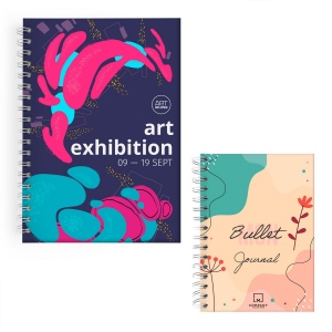 Carnet spirale couverture rigide contrecollee creation quadri recto verso - midi 155x215mm - pelliculage brillant pages 1 2 3 et 4 - bloc de 96 feuillets perfores impression noir recto verso - spirale blanche a gauche