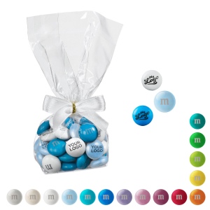 Bonbons en chocolat M&M’S® personnalisés dans un ballotin transparent de 40 g avec nœud