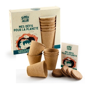 Coffret 6 pots bois avec graines - Mes défis pour la planète - Semer pour agir