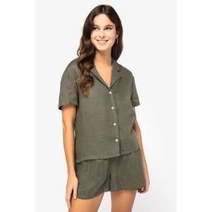 Chemise manches courtes en lin à col bowling femme