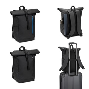 OSASCO BPACK. Sac à dos à roulettes avec système de fermeture à glissière permettant de rouler la partie supérieure pour l'adapter au volume du sac à dos, fabriqué en polyester recyclé 600D