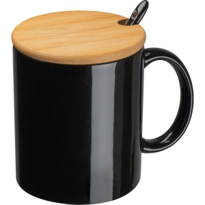 Tasse en céramique avec cuillère et couvercle en bambou