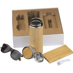 Set cadeau avec chargeur, gobelet thermos et lunettes de soleil