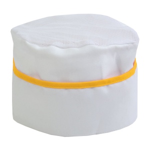 Toque de chef 30 % coton / 70% polyester blanc avec bordure colorée. Taille unique