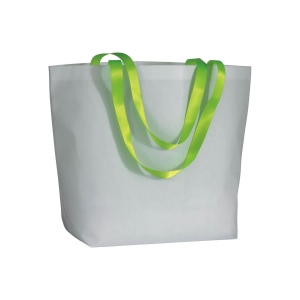 Shopper avec soufflet à la base en TNT laminé 100g/m2 cousu, anses de couleur fluo