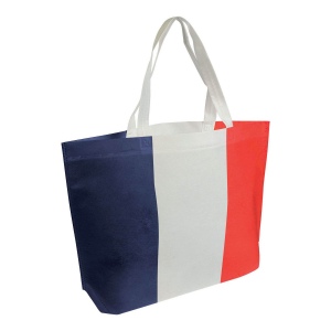 Shopper avec soufflet à la base en TNT thermosoudé, hanses longues avec impression tricolo