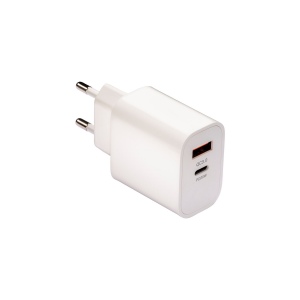Chargeur mural USB en ABS avec port USB-A et port USB-C. Avec prise européenne à 2 broches