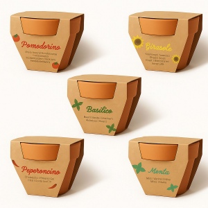 Pot en terre cuite naturelle avec tourbe et capsule biodegradable contenant des graines