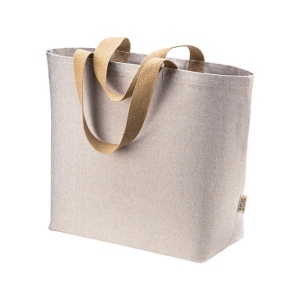 Sac en coton recycle 340 g/m2 avec effet melange. Longues anses colorees et souffle