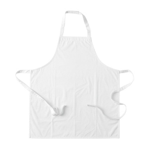 Tablier de cuisine long en polyester et coton. Fermeture au cou en velcro