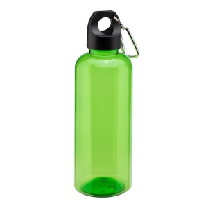 Bouteille transparente en PET recycle 580 ml. Bouchon en plastique avec mousqueton