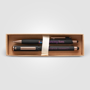 Coffret cadeau stylo York, plastique recyclé, finition bronze, boîte décorée - marquée (+4 Colour Inkjet)