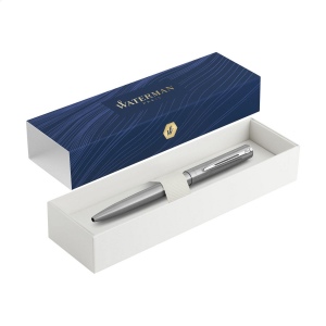 Stylo à bille bleu avec corps en acier inoxydable brossé, système à capuchon coulissant, clip brillant et recharge fiable pour une écriture fluide