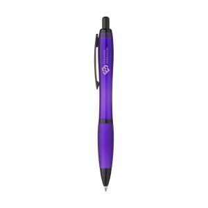 Stylo à bille à encre bleue avec corps coloré translucide, zone de préhension antidérapante, embout en caoutchouc, clip en métal et accents noires.