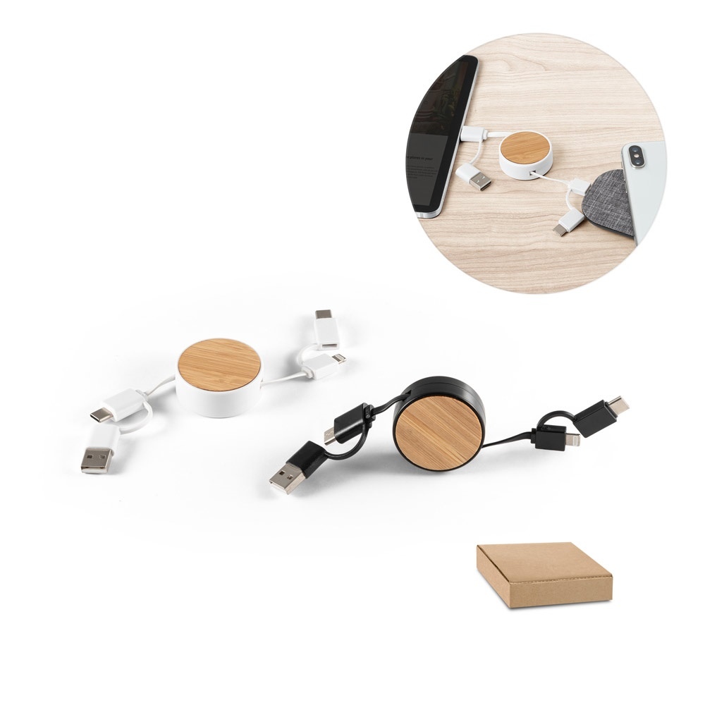RUBINS. Câble USB rétractable 6 en 1 en ABS et bambou