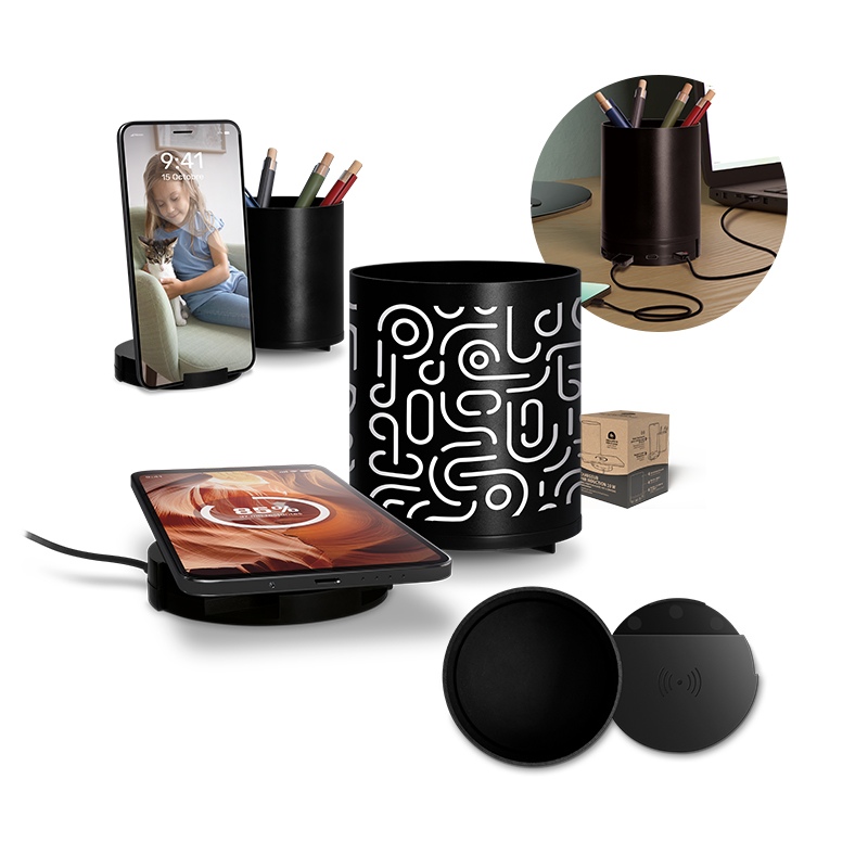 CHARGEUR PAR INDUCTION 10W AVEC FONCTION HUB ET POT A CRAYONS EN rAlu