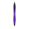 Stylo à bille à encre bleue avec corps coloré translucide, zone de préhension antidérapante, embout en caoutchouc, clip en métal et accents noires.