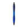 Stylo à bille à encre bleue avec corps coloré translucide, zone de préhension antidérapante, embout en caoutchouc, clip en métal et accents noires.