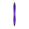 Stylo à bille à encre bleue avec corps coloré translucide, zone de préhension antidérapante, embout en caoutchouc, clip en métal et accents noires.