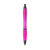 Stylo à bille à encre bleue avec corps coloré translucide, zone de préhension antidérapante, embout en caoutchouc, clip en métal et accents noires.