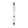Stylo à bille à encre bleue avec corps coloré translucide, zone de préhension antidérapante, embout en caoutchouc, clip en métal et accents noires.