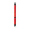 Stylo à bille à encre bleue avec corps coloré translucide, zone de préhension antidérapante, embout en caoutchouc, clip en métal et accents noires.