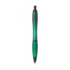 Stylo à bille à encre bleue avec corps coloré translucide, zone de préhension antidérapante, embout en caoutchouc, clip en métal et accents noires.