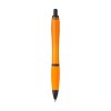 Stylo à bille à encre bleue avec corps coloré translucide, zone de préhension antidérapante, embout en caoutchouc, clip en métal et accents noires.
