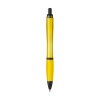 Stylo à bille à encre bleue avec corps coloré translucide, zone de préhension antidérapante, embout en caoutchouc, clip en métal et accents noires.