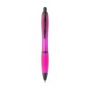 Stylo à bille à encre bleue avec corps coloré translucide, zone de préhension antidérapante, embout en caoutchouc, clip en métal et accents noires.