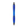 Stylo à bille à encre bleue avec corps coloré translucide, zone de préhension antidérapante, embout en caoutchouc, clip en métal et accents noires.