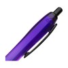 Stylo à bille à encre bleue avec corps coloré translucide, zone de préhension antidérapante, embout en caoutchouc, clip en métal et accents noires.