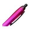 Stylo à bille à encre bleue avec corps coloré translucide, zone de préhension antidérapante, embout en caoutchouc, clip en métal et accents noires.