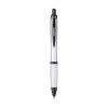 Stylo à bille à encre bleue avec corps coloré translucide, zone de préhension antidérapante, embout en caoutchouc, clip en métal et accents noires.
