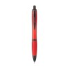 Stylo à bille à encre bleue avec corps coloré translucide, zone de préhension antidérapante, embout en caoutchouc, clip en métal et accents noires.