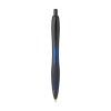 Stylo à bille à encre bleue avec corps coloré translucide, zone de préhension antidérapante, embout en caoutchouc, clip en métal et accents noires.