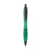 Stylo à bille à encre bleue avec corps coloré translucide, zone de préhension antidérapante, embout en caoutchouc, clip en métal et accents noires.