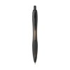Stylo à bille à encre bleue avec corps coloré translucide, zone de préhension antidérapante, embout en caoutchouc, clip en métal et accents noires.