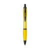 Stylo à bille à encre bleue avec corps coloré translucide, zone de préhension antidérapante, embout en caoutchouc, clip en métal et accents noires.