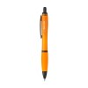 Stylo à bille à encre bleue avec corps coloré translucide, zone de préhension antidérapante, embout en caoutchouc, clip en métal et accents noires.