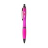 Stylo à bille à encre bleue avec corps coloré translucide, zone de préhension antidérapante, embout en caoutchouc, clip en métal et accents noires.