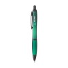 Stylo à bille à encre bleue avec corps coloré translucide, zone de préhension antidérapante, embout en caoutchouc, clip en métal et accents noires.