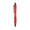 Stylo à bille à encre bleue avec corps coloré translucide, zone de préhension antidérapante, embout en caoutchouc, clip en métal et accents noires.