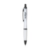 Stylo à bille à encre bleue avec corps coloré translucide, zone de préhension antidérapante, embout en caoutchouc, clip en métal et accents noires.
